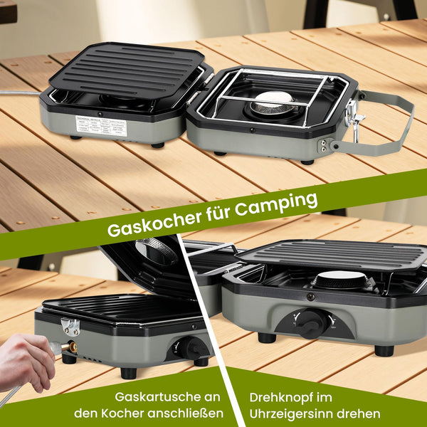 Sakerplus® Propangas-Campingkocher mit 2 Brennern und Grill