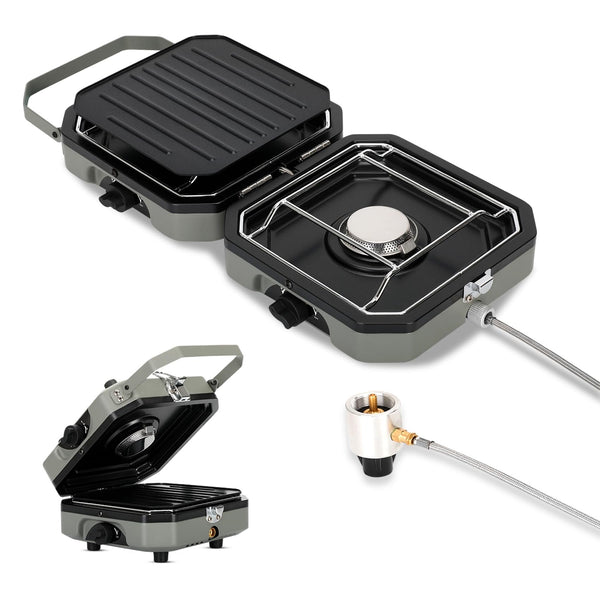 Sakerplus® Propangas-Campingkocher mit 2 Brennern und Grill