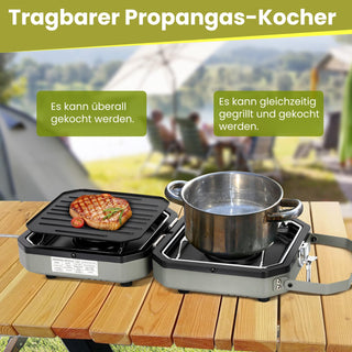 Sakerplus® Propangas-Campingkocher mit 2 Brennern und Grill
