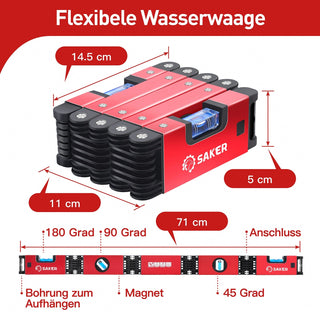 Sakerplus® 70cm Magnetische Flexible Wasserwaage mit 4 Libellen 5 Gelenke